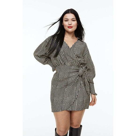 H&M Long Sleeve Black & Ivory Swiggly Stripe Collared Wrap Mini Dress Size M - Picture 5 of 11